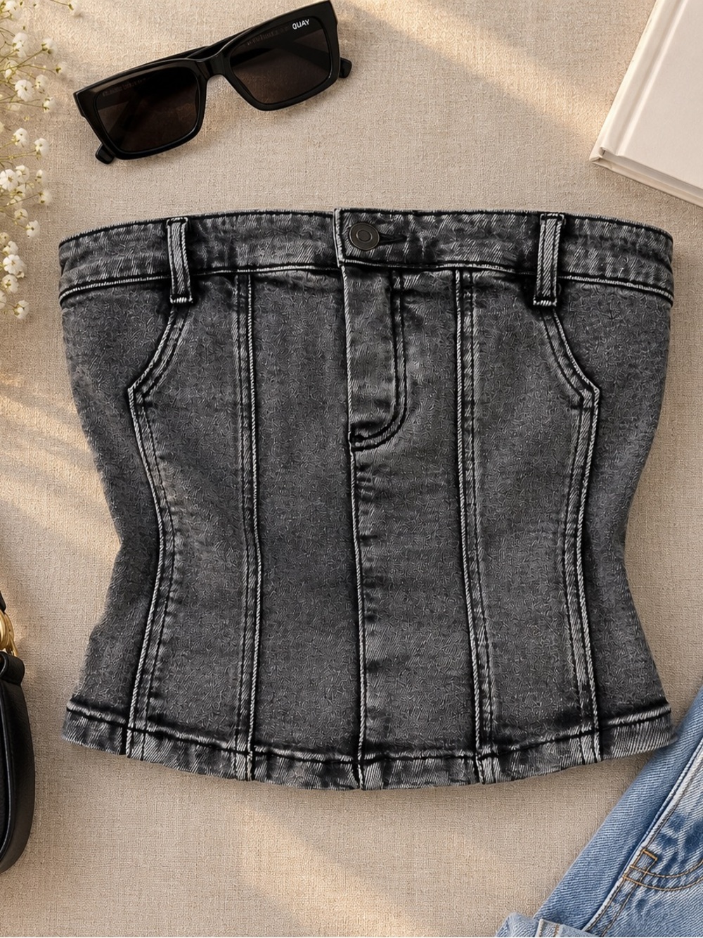 Women’s Black Washed Denim Corset Top